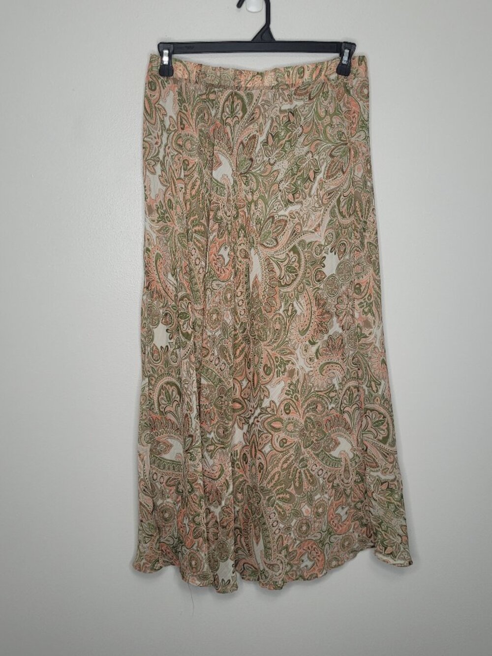 Roz and Ali peach green paisley print pull on maxi artsy skirt size large